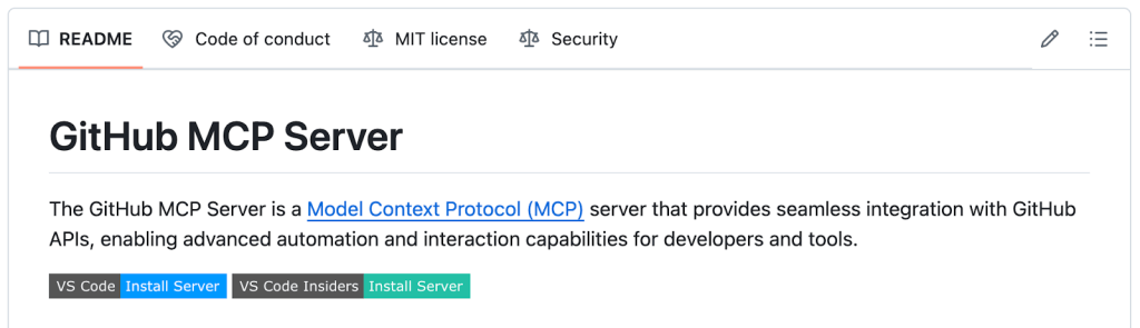 A portion of the README.md file for the github/github-mcp-server repo which contains the easy installation buttons for installing the GitHub MCP server onto VS Code.