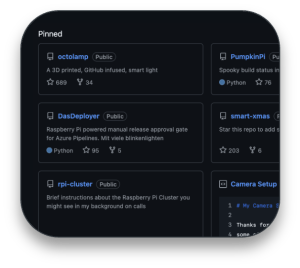 GitHub profile pinned repositories section on a dark theme. Six repositories are displayed: 'octolamp' (a 3D printed, GitHub infused smart light with 689 stars and 34 forks), 'DasDeployer' (a Raspberry Pi powered manual release approval gate for Azure Pipelines written in Python with 95 stars and 5 forks), 'rpi-cluster' (brief instructions about a Raspberry Pi Cluster visible in background on calls), 'PumpkinPi' (spooky build status indicator with 76 stars, written in Python), 'smart-xmas' (repository for adding something with 203 stars and 6 forks), and 'Camera Setup' (with numbered instructions visible in a readme file).