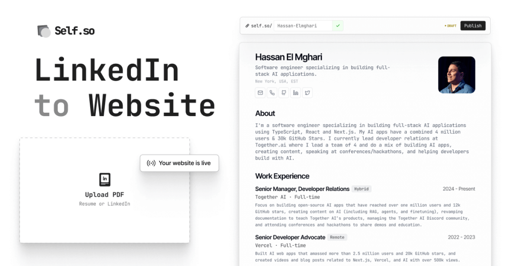 A screenshot of Self.so turning a LinkedIn profile into a website.