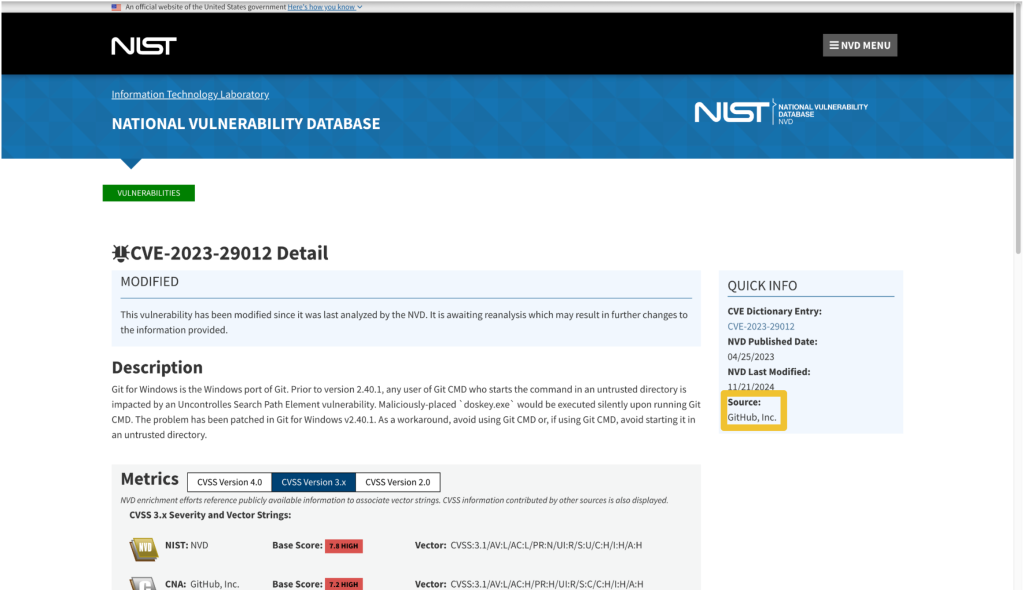 A screenshot of the nist.nvd.gov record for CVE-2023-29012, with a yellow rectangle drawn around the “Source” field to draw attention to the fact that “GitHub, Inc.” is the CNA for CVE-2023-29012.