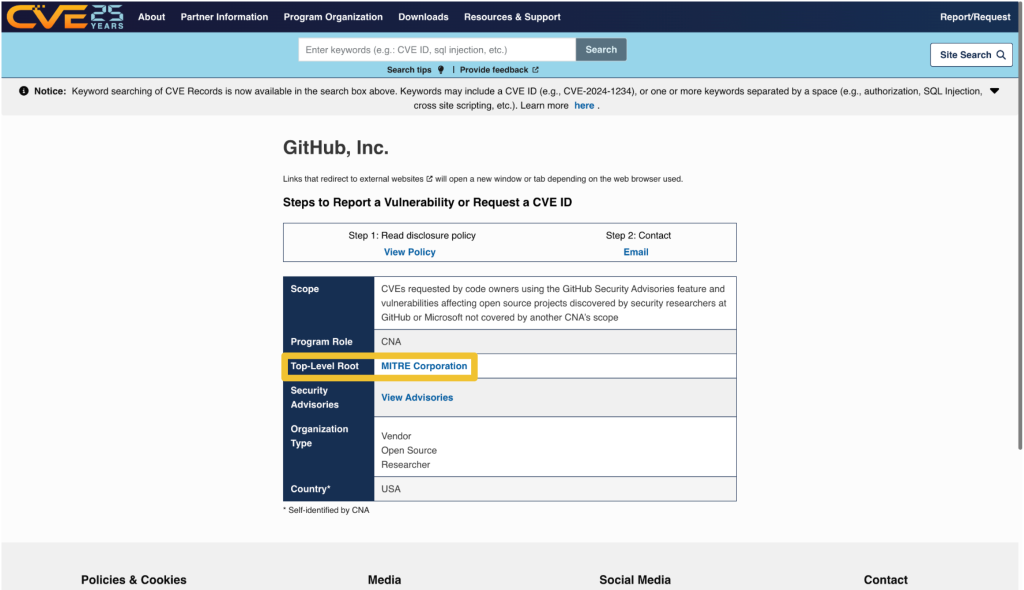 A screenshot of the cve.org entry for the CNA “GitHub, Inc.” A yellow rectangle is drawn around an entry in a table to draw attention to the two items in the table that are being discussed in the post. The left column contains the category “Top-Level Root,” and the right column contains the entry “MITRE Corporation,” with the text containing a link to a page about the MITRE Corporation.