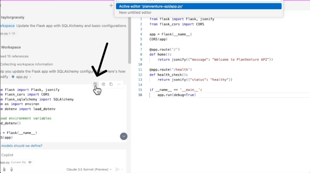 A screenshot shoring the location of the "Apply in editor" button. It's in the top-right of the suggested code box.