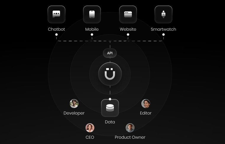 A diagram showing chatbot, mobile, website, and smartwatch feeding into API, which then feeds into data.