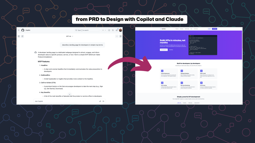 An image showing the interface for GitHub Copilot responding to the prompt "Describe a landing page for developers in simple terms" with a a structured but simple outline of a PRD for a developer-focused landing page.