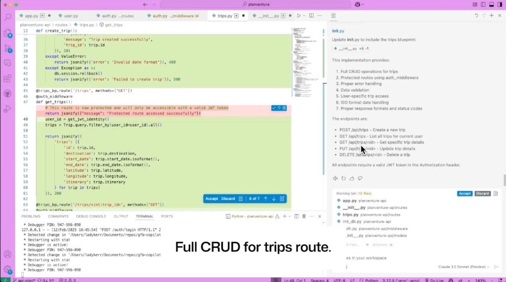 A screenshot showing the full CRUD for trips route.