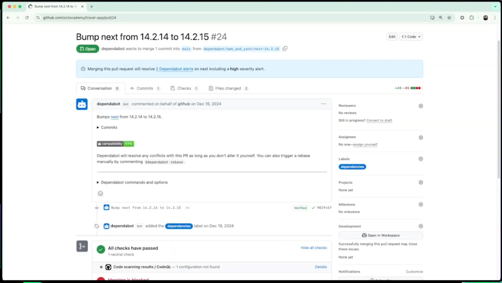 A pull request from Dependabot.