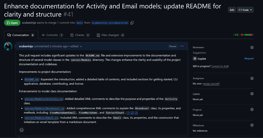 A screenshot showing a pull request summary generated by Copilot.