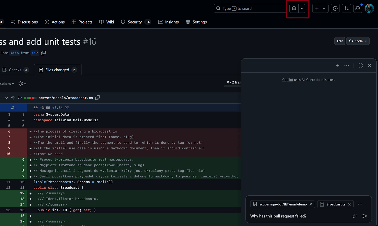 A screenshot showing the Copilot chat in the GitHub.com UI.
