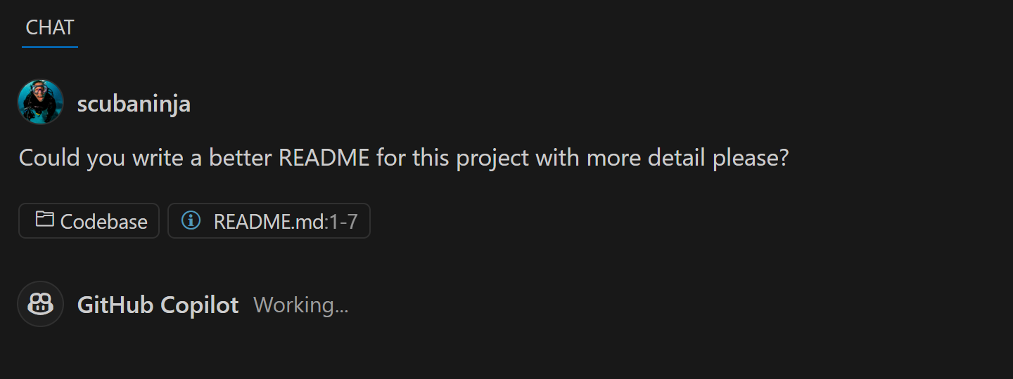 A screenshot showing a GitHub user asking GitHub Copilot, "Could you write a better README for this project with more detail please?"