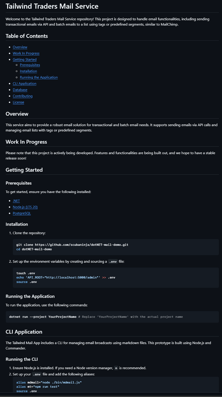 A screenshot of a README for Tailwind Traders Mail Service with sections including Table of Contents, Overview, Work In Progress, Getting Started, and CLI Application.
