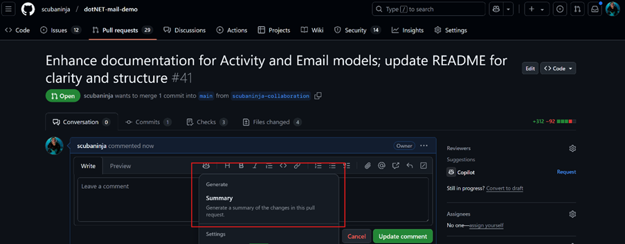 A screenshot showing how to use the GitHub pull request summary feature.