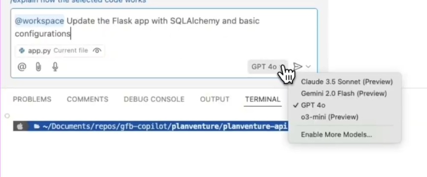 A screenshot showing the location of the model picker. It's located at the bottom right of the chat box.