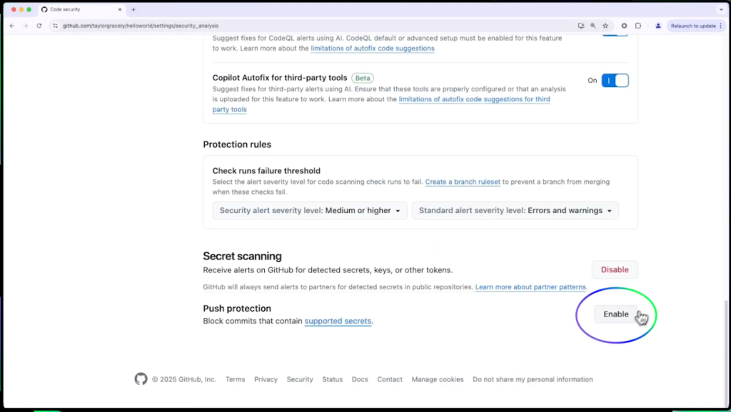 A screenshot showing how to enable Push protection.