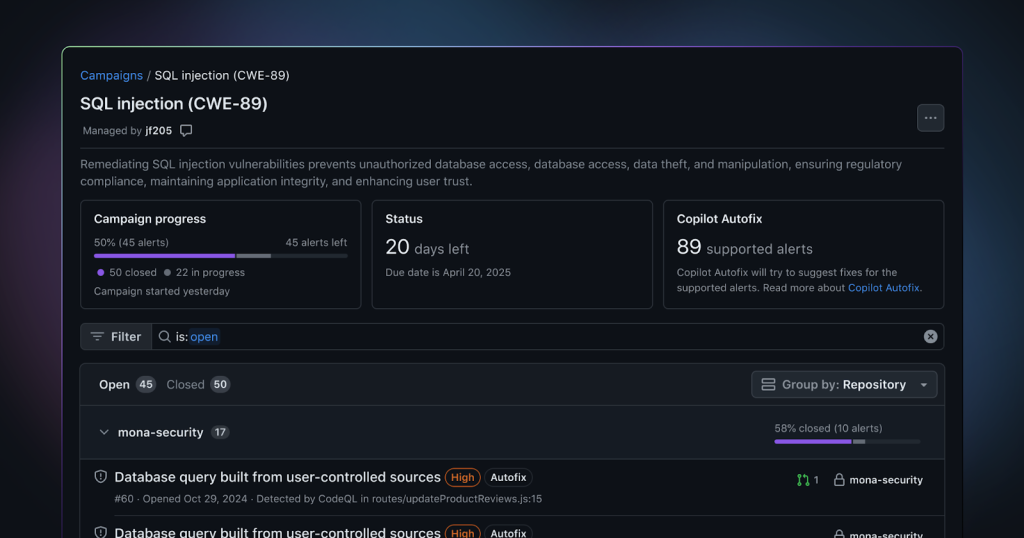 A screenshot showing a SQL injection security campaign in progress on GitHub.