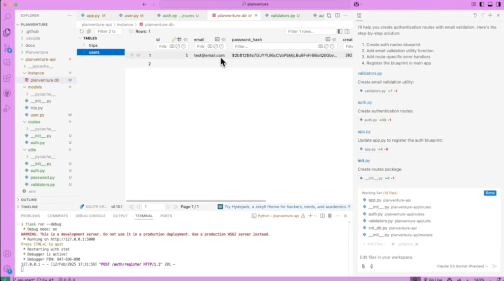 A screenshot of the users table.