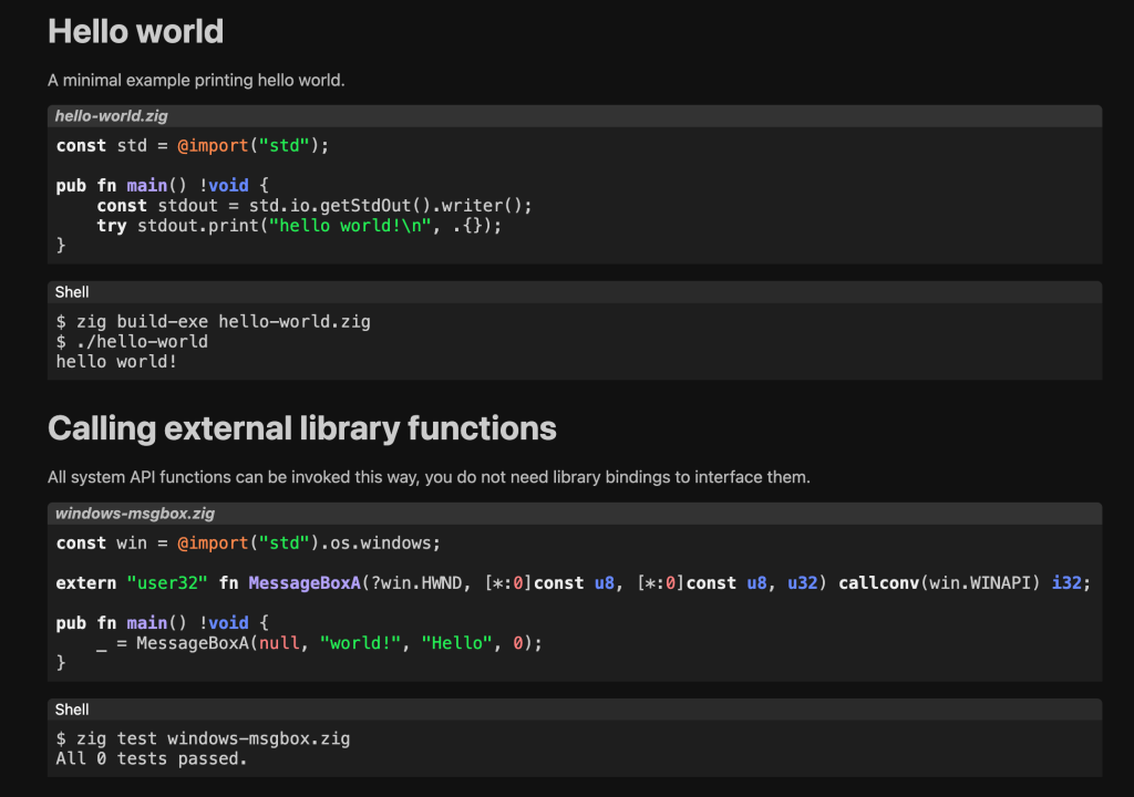 A screenshot of a 'hello world' code block and a 'Calling external library functions' code block on Zig.