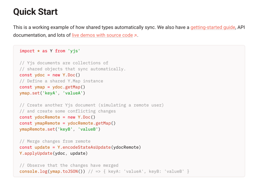 A screenshot of a 'Quick Start' guide and code block from Yjs.