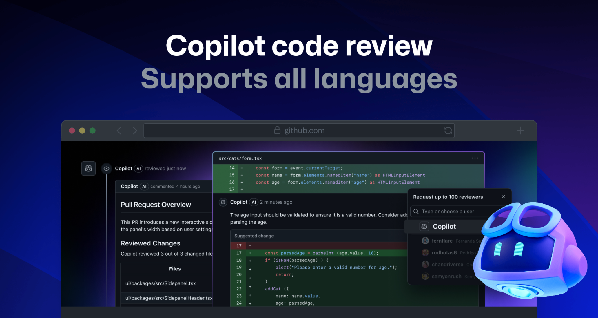 Alt text: A landscape-oriented image featuring a dark background with GitHub-themed branding. In the foreground, bold text reads: "Copilot code review" followed by smaller text stating, "**Supports all languages**." The design emphasizes GitHub's AI-powered code review tool and its comprehensive language support.