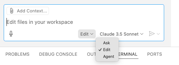 A screenshot showing the drop-down menu to select ask, edit, or agent mode in Copilot.