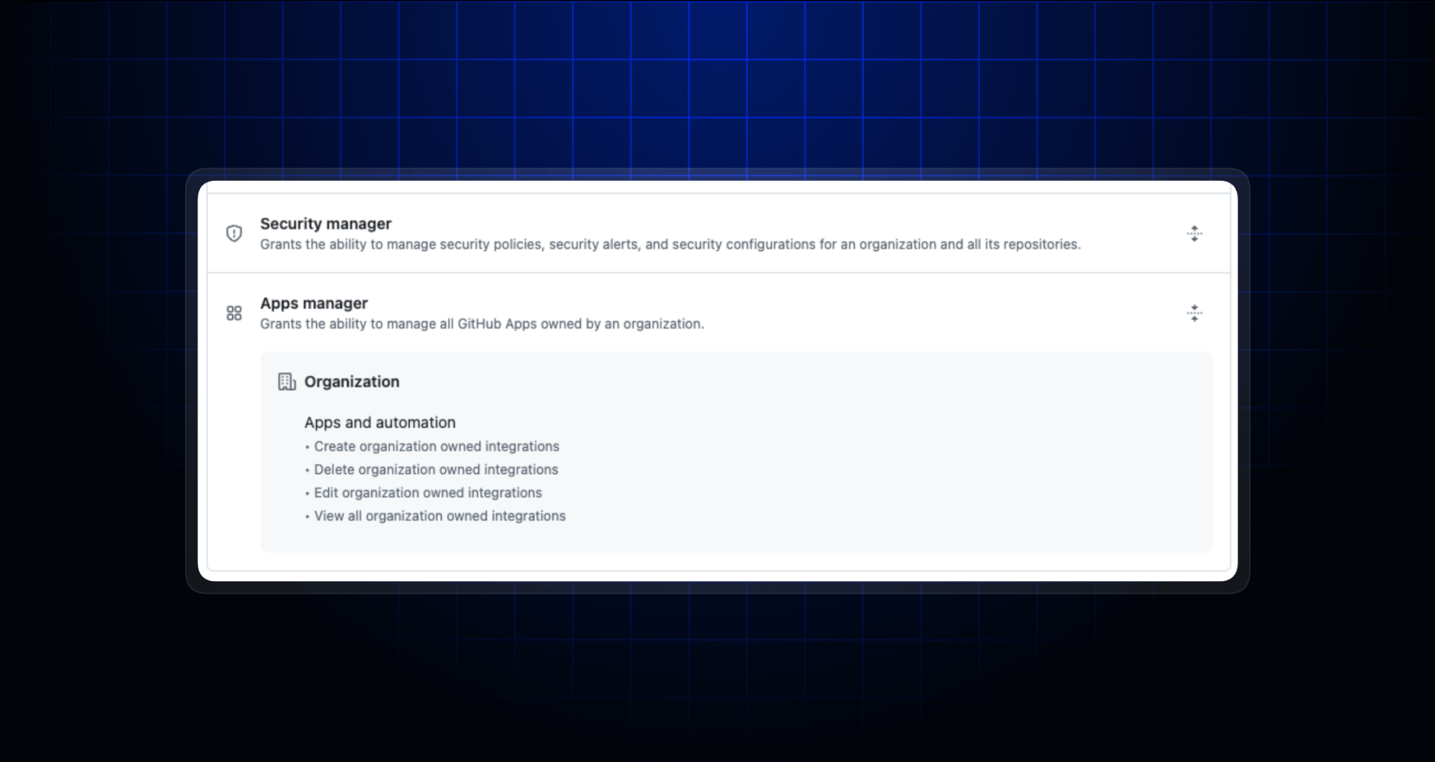 A screenshot of the new app manager role in the organization settings UI, showing that the role is made of four permissions: create, view, edit, and delete GitHub Apps