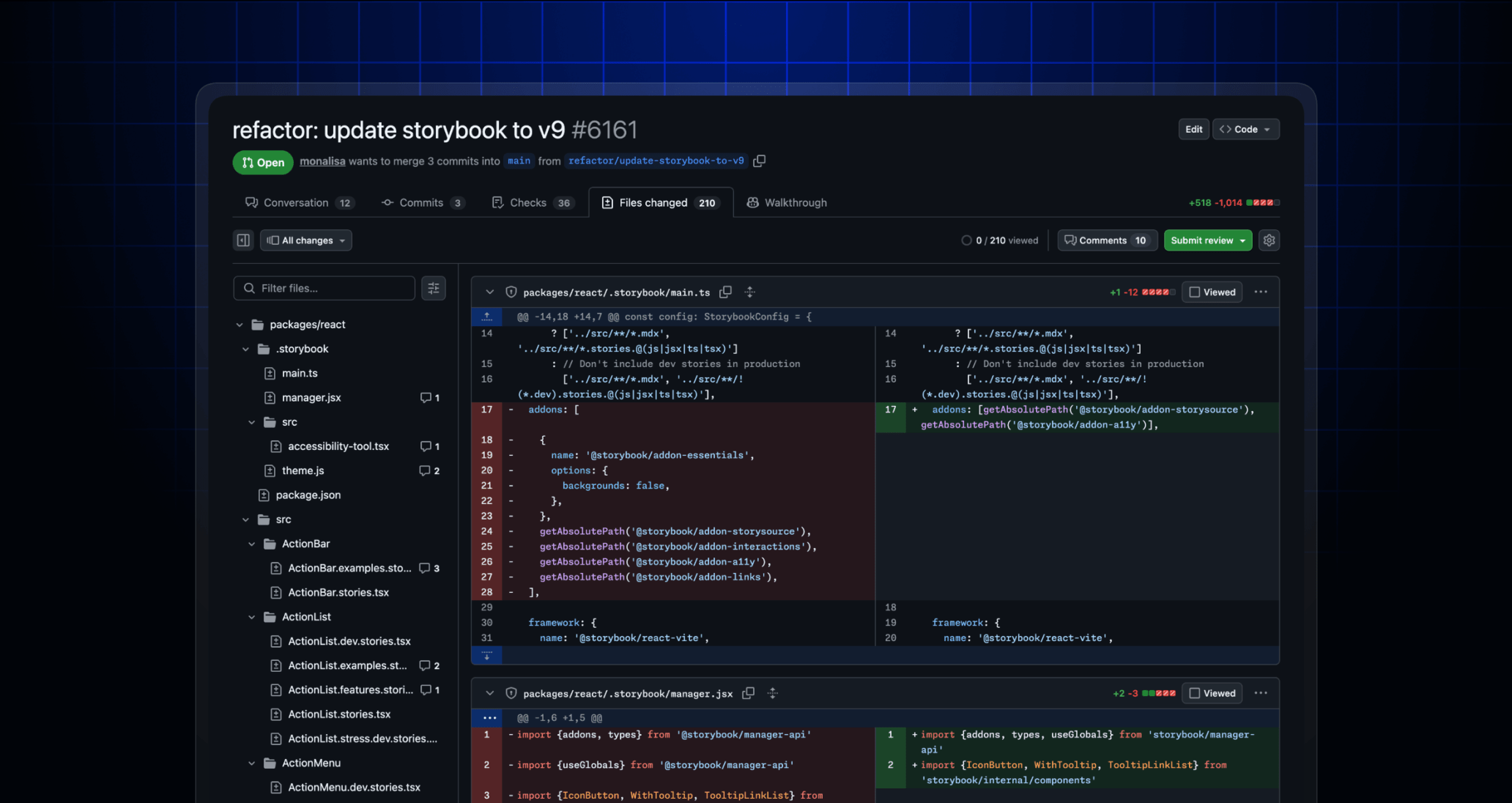 Screenshot showing the GitHub pull request "Files changed" page with an improved file tree on the left and a side-by-side code diff view on the right. The interface is in dark mode.