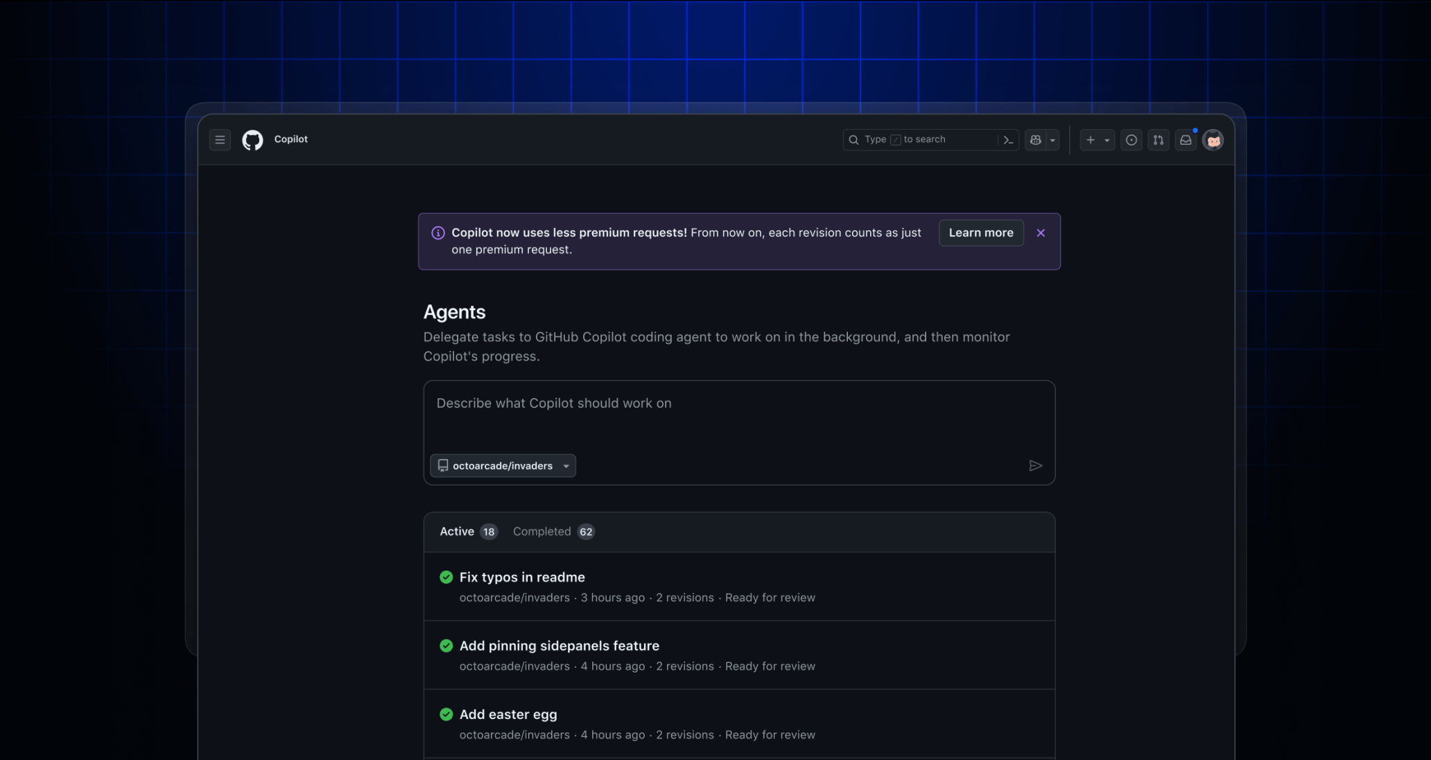 Copilot coding agent now uses 1 premium request per session